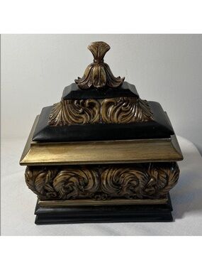 Black & Gold Decorative Box, elegant Ornate trinket, jewelry, stash box. Resin